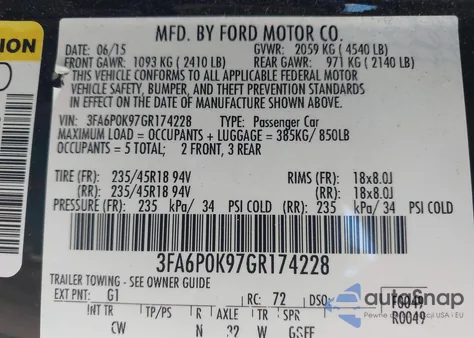 2016 Ford Fusion Titanium z USA, uszkodzony, nr VIN 3FA6P0K97GR174228